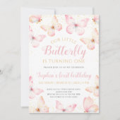 Roze Gouden Kleine Vlinder Wordt Eén Jaar Kaart (Voorkant)
