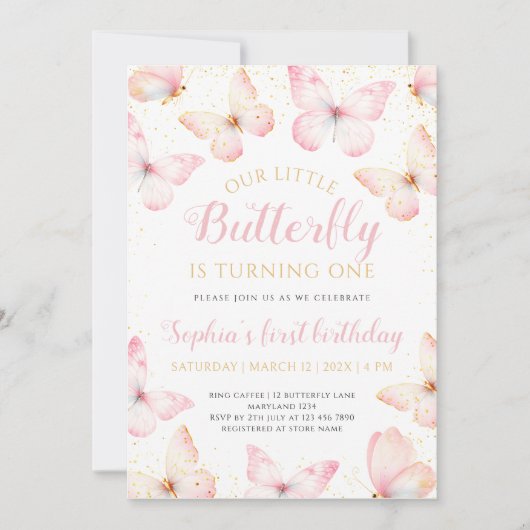 Roze Gouden Kleine Vlinder Wordt Eén Jaar Kaart (Voorkant)