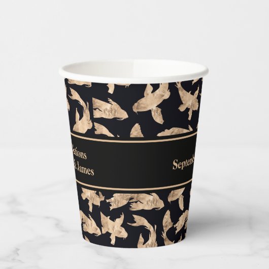 Roze gouden koi vis banner verloving datum feest papieren bekers (Links)