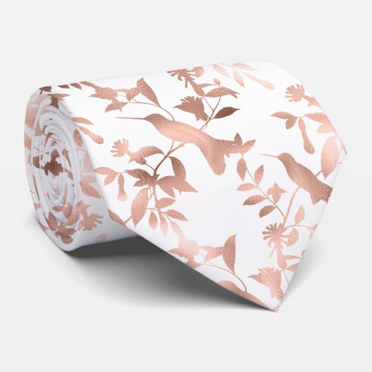 Roze Gouden Kolibrie Patroon Witte Trouwdas Stropdas (Opgerold)