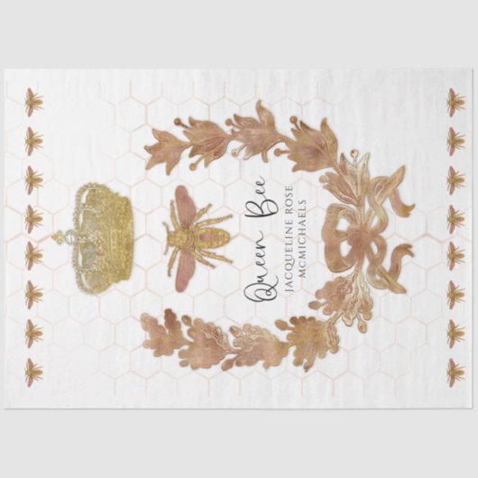 Roze Gouden Koningin Bijen Kroon Baby Naam Decoupa Tissuepapier (Voorkant)