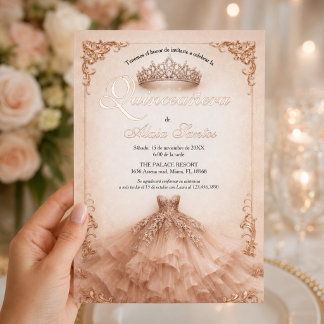 Roze Gouden Kroon en Baljurk Spaanse Quinceañera Folie Uitnodiging
