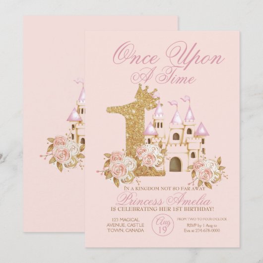 Roze Gouden Kroon Kasteel Prinses 1e Verjaardag In Kaart (Voorkant / Achterkant)