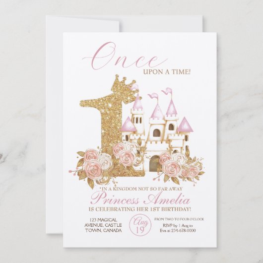 Roze Gouden Kroon Kasteel Prinses 1e Verjaardag Kaart (Voorkant)