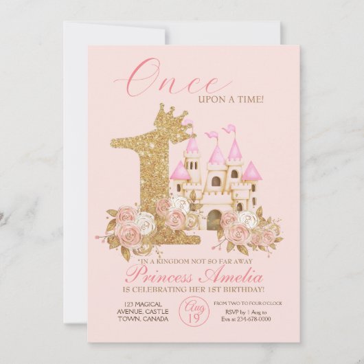 Roze Gouden Kroon Kasteel Prinses 1e Verjaardag Kaart (Voorkant)
