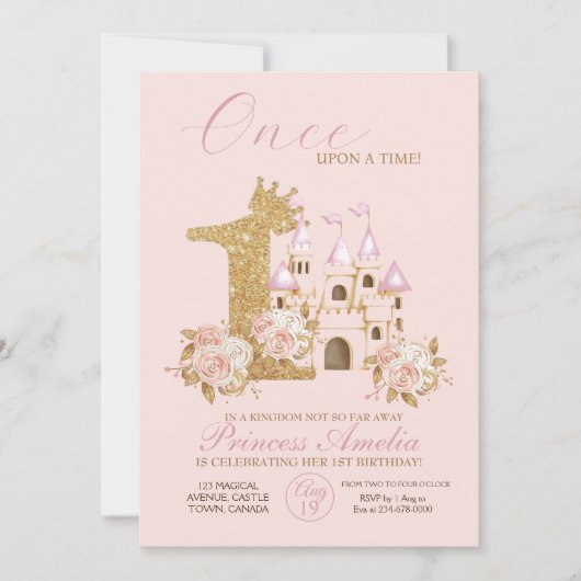 Roze Gouden Kroon Kasteel Prinses 1e Verjaardag  Kaart (Voorkant)