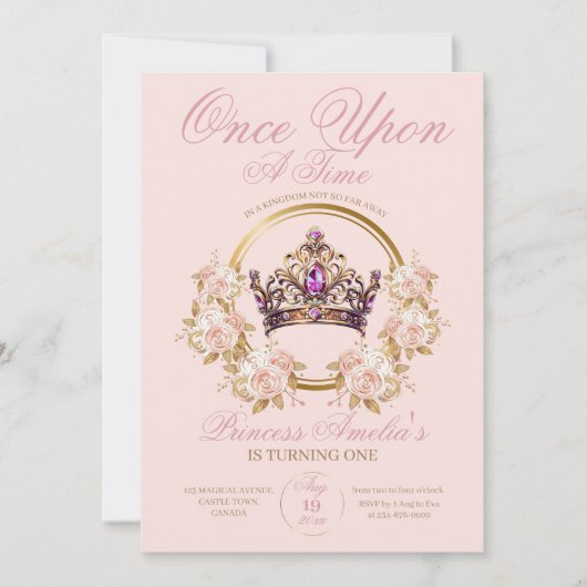 Roze gouden kroon prinses 1e verjaardag kaart (Voorkant)