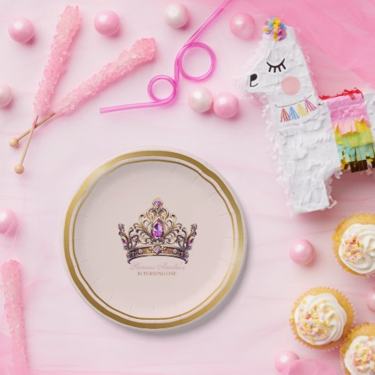 Roze gouden kroon prinses 1e verjaardag papieren bordje (Feest)