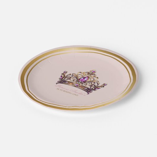 Roze gouden kroon prinses 1e verjaardag papieren bordje (Gekanteld)