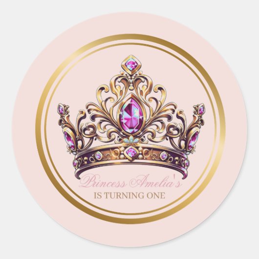 Roze gouden kroon prinses 1e verjaardag ronde sticker (Voorkant)