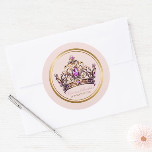 Roze gouden kroon prinses 1e verjaardag ronde sticker (Envelop)