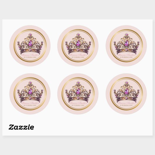 Roze gouden kroon prinses 1e verjaardag ronde sticker (Vel)