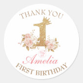 Roze Gouden Kroon Prinses 1e Verjaardagsfeest Ronde Sticker (Voorkant)