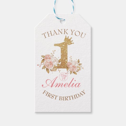 Roze Gouden Kroon Prinses 1e Verjaardagsfeestje Cadeaulabel (Voorkant)