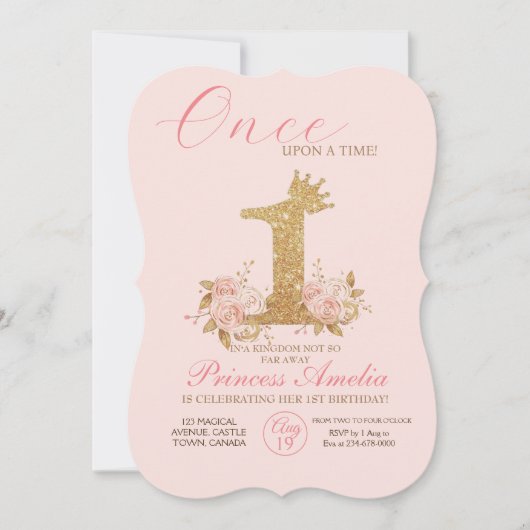 Roze Gouden Kroon Prinses 1e Verjaardagsfeestje Kaart (Voorkant)