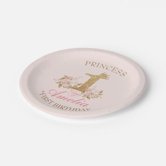 Roze Gouden Kroon Prinses 1e Verjaardagsfeestje  Papieren Bordje (Gekanteld)