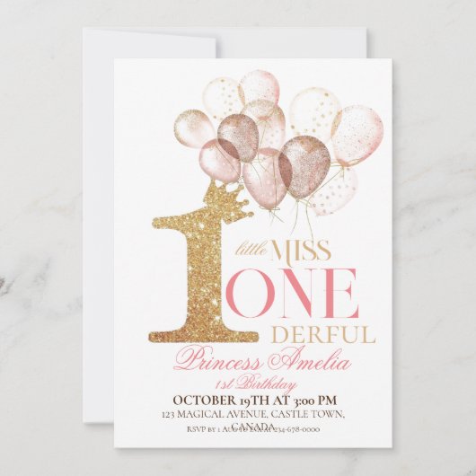 Roze Gouden Kroon Prinses ballonnen 1e Verjaardag Kaart (Voorkant)