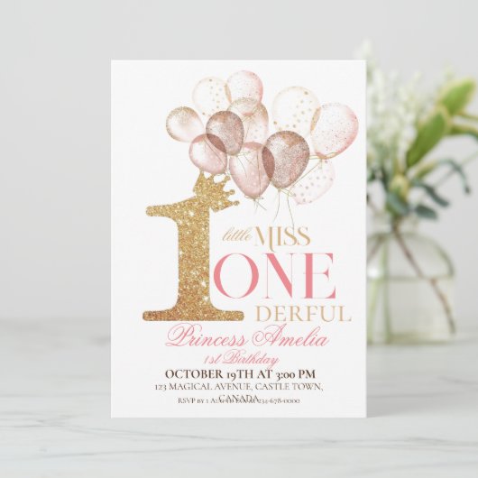 Roze Gouden Kroon Prinses ballonnen 1e Verjaardag Kaart (Staand voorkant)