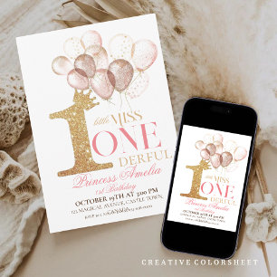 Roze Gouden Kroon Prinses ballonnen 1e verjaardag Kaart