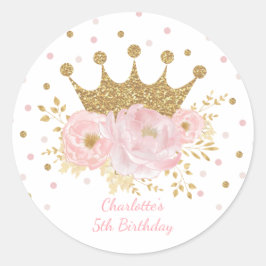 Roze Gouden Kroon Prinses Bloemen Verjaardag Baby  Ronde Sticker