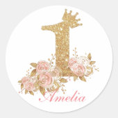 Roze Gouden Kroon Prinses Eerste Verjaardagsfeestj Ronde Sticker (Voorkant)