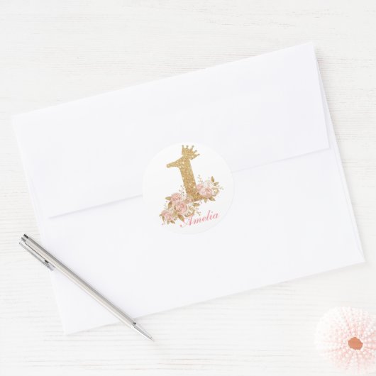 Roze Gouden Kroon Prinses Eerste Verjaardagsfeestj Ronde Sticker (Envelop)