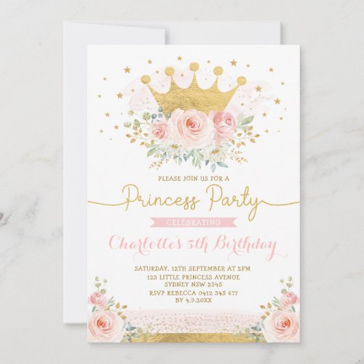 Roze Gouden Kroon Prinses Verjaardag Blush Bloemen Kaart (Voorkant)