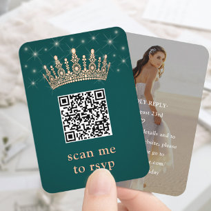 Roze Gouden Kroon Quinceañera Foto QR RSVP Groen Informatiekaartje