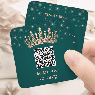 Roze Gouden Kroon Scan Me Quinceañera QR RSVP Groe Informatiekaartje
