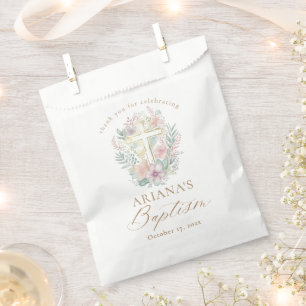Roze Gouden Kruis Bloemen Elegante Waterverf Doop Bedankzakje