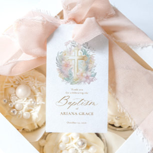 Roze Gouden Kruis Bloemen Elegante Waterverf Doop Cadeaulabel