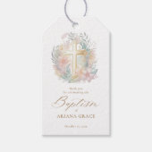 Roze Gouden Kruis Bloemen Elegante Waterverf Doop Cadeaulabel (Voorkant)