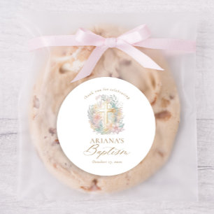 Roze Gouden Kruis Bloemen Elegante Waterverf Doop Ronde Sticker