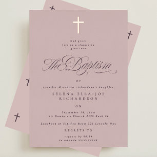 Roze Gouden Kruis Calligrafie Roze Doop Uitnodigin Folie Uitnodiging