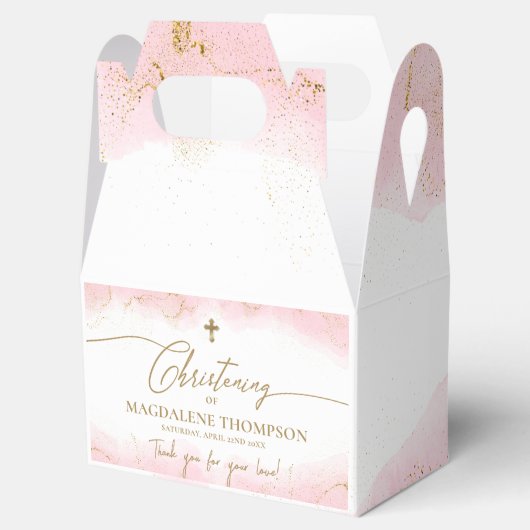 Roze Gouden Kruis Dank je Meisje Doop Bedankdoosjes (Geopend)