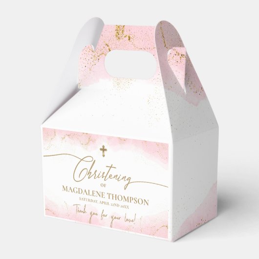 Roze Gouden Kruis Dank je Meisje Doop Bedankdoosjes (Voorkant Zijde)