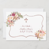 Roze gouden kruis doop Charm Pink Flowers Rose  Bedankkaart (Voorkant)