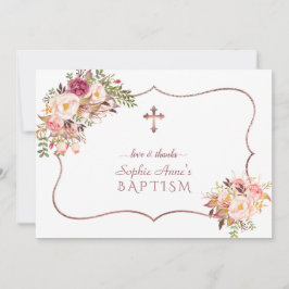 Roze gouden kruis doop Charm Pink Flowers Rose  Bedankkaart