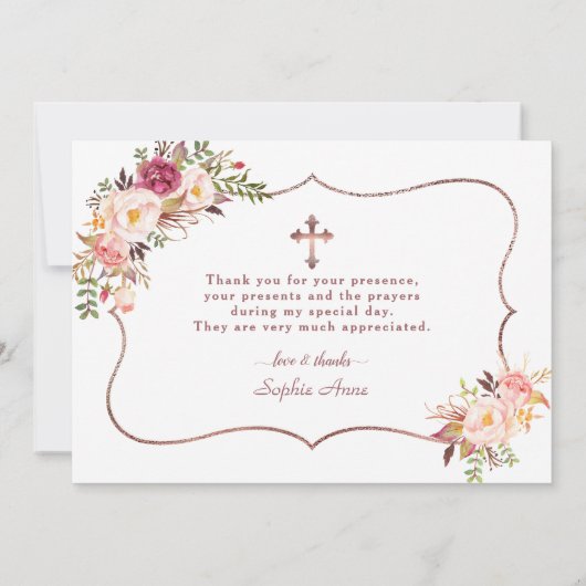 Roze gouden kruis doop Charm Pink Flowers Rose  Bedankkaart (Achterkant)