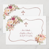 Roze gouden kruis doop Charm Pink Flowers Rose  Bedankkaart (Voorkant / Achterkant)