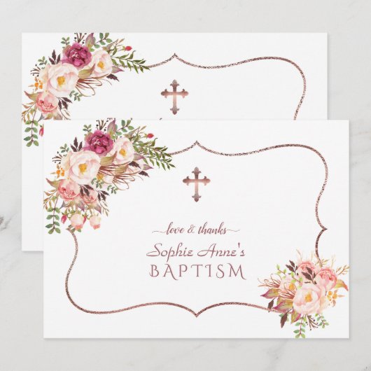 Roze gouden kruis doop Charm Pink Flowers Rose  Bedankkaart (Voorkant / Achterkant)