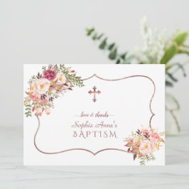 Roze gouden kruis doop Charm Pink Flowers Rose  Bedankkaart