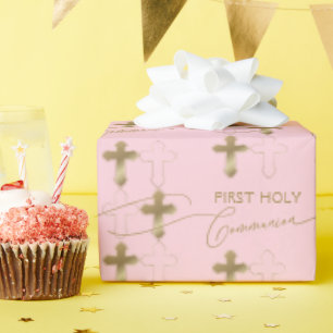 Roze Gouden Kruis Eerste Heilige Communie Cadeaupapier