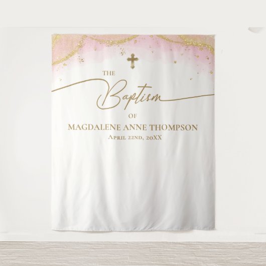 Roze Gouden Kruis Meisje Doop Wandkleed (Voorkant)