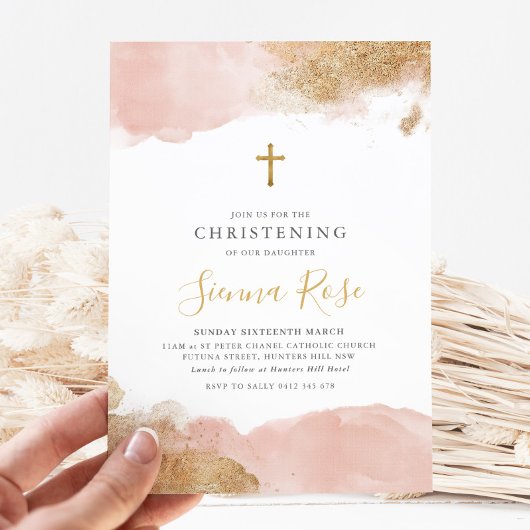 Roze Gouden Kruis Meisjes Doop Doop Kaart