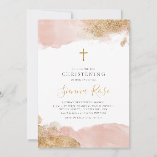 Roze Gouden Kruis Meisjes Doop Doop Kaart (Voorkant)