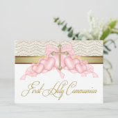Roze Gouden Kruis Meisjes Roze Eerste Communie Kaart (Staand voorkant)