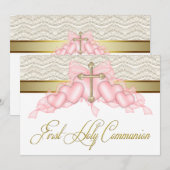 Roze Gouden Kruis Meisjes Roze Eerste Communie Kaart (Voorkant / Achterkant)