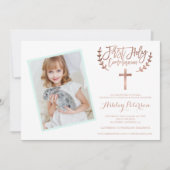Roze gouden kruis mint foto Eerste Heilige Communi Kaart (Voorkant)