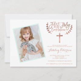 Roze gouden kruis mint foto Eerste Heilige Communi Kaart